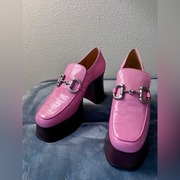 NWT Gucci Leather Pink Crocodile Horsebit Platform Loafers Size 36.5 (US 6.5) - Picture 4 of 7